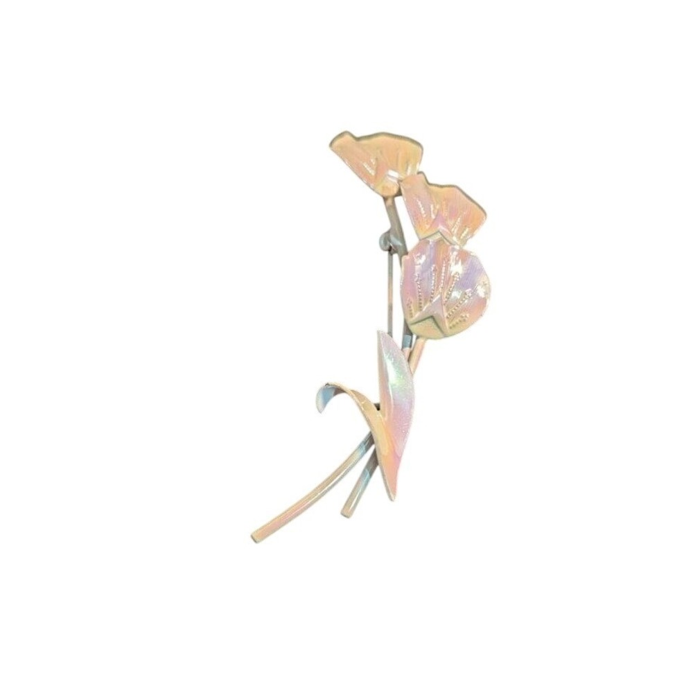 Vintage Iridescent Pearl Finish Triple Flower Brooch Mid Century Floral Pin 3.5" - Picture 8 of 8
